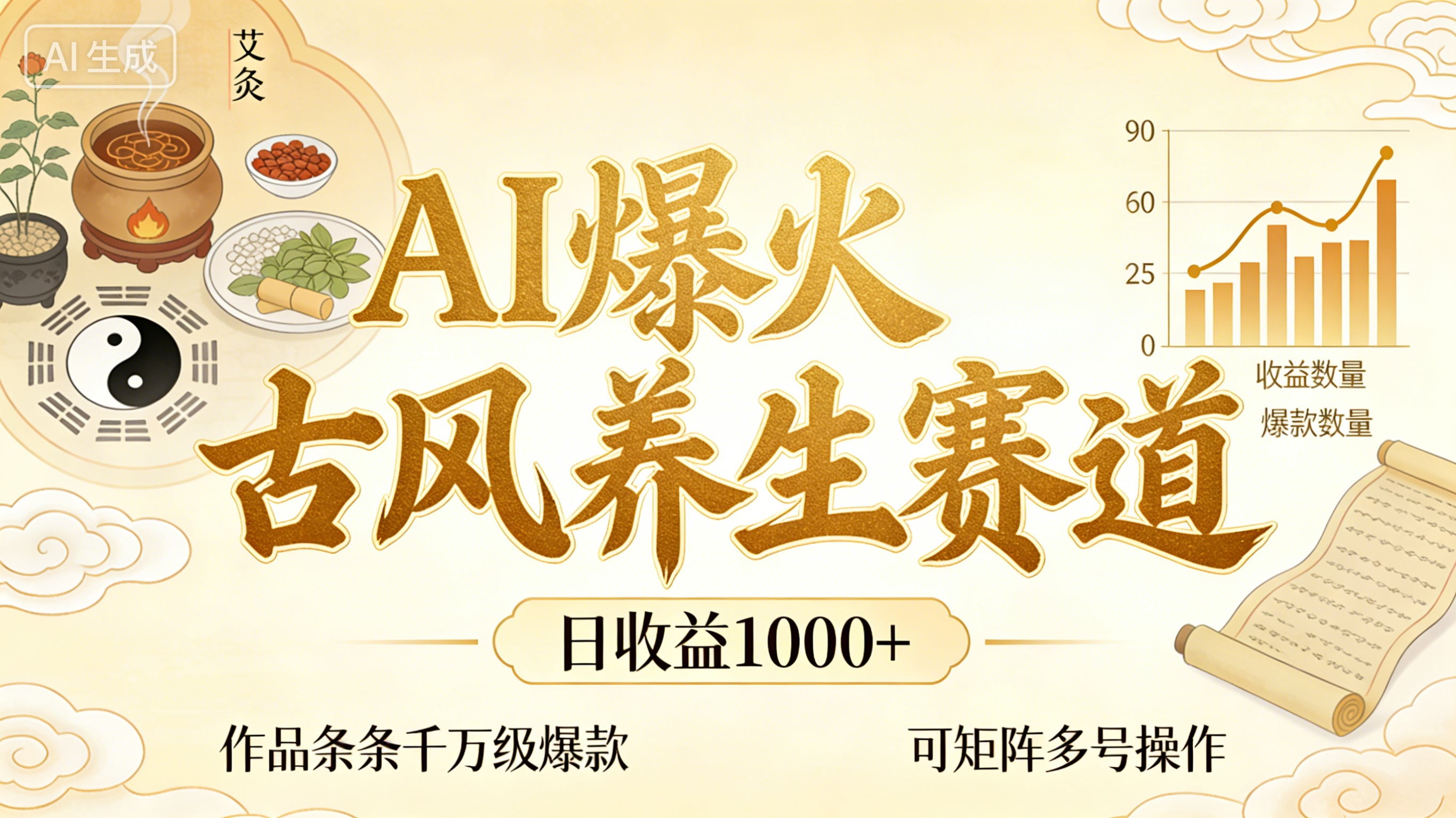 AI爆火古风养生赛道，日收益1k+单条作品点赞破万+，可矩阵多号操作